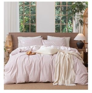 MooMee Gingham Duvet Cover Set 100% Washed Cotton Linen Like Textured Breathable